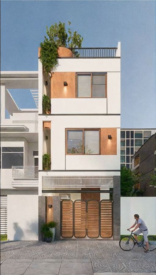 Phối cảnh mặt tiền nhà phố sân thượng giàn lam